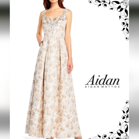 Aidan Mattox MD1E201398 Embellished Sweetheart Jacquard A-line Dress Gown Gold - Picture 1 of 12